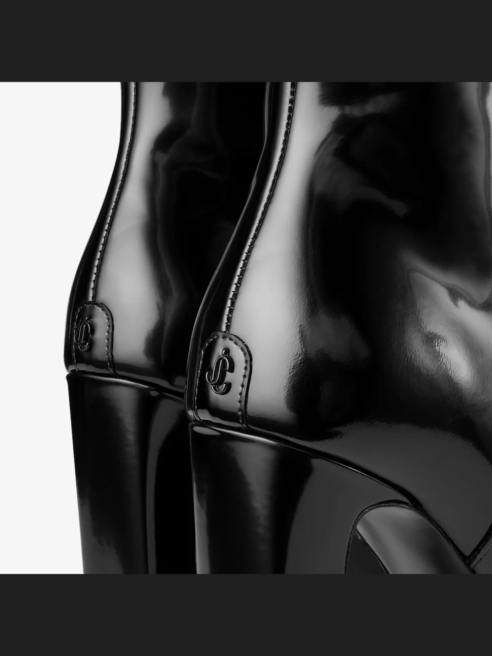 Close-up detail of the Jimmy Choo Marene Ankle Boot 120 Black Polished Calf Leather Ankle Boots