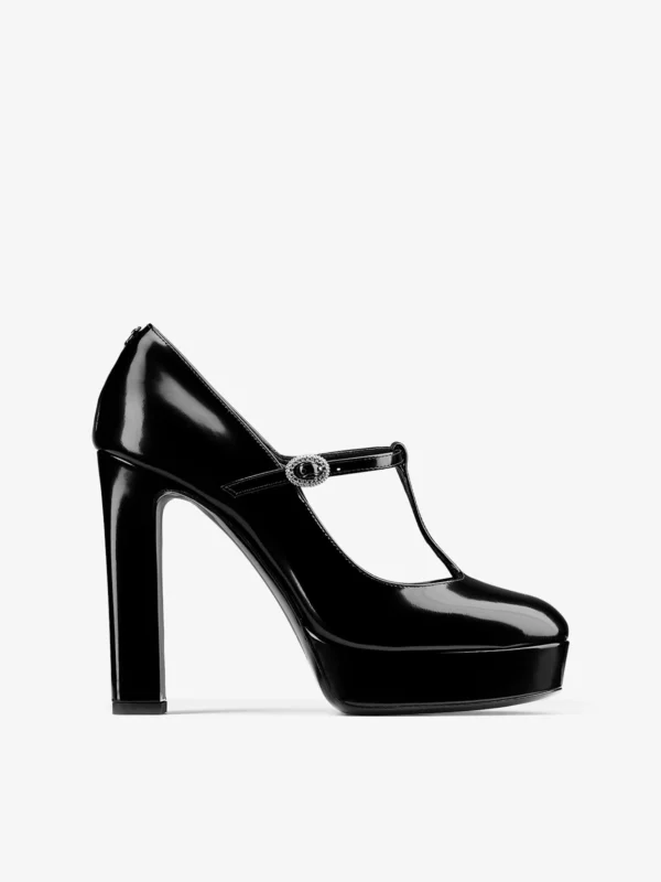 Jimmy Choo Marene Mary Jane 120 Black Polished Calf Leather Pumps with Crystal Buckle