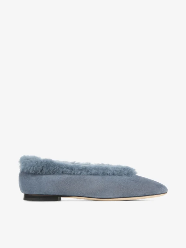 Jimmy Choo Margot Flat Arctic Blue Suede Flats with Shearling Lining