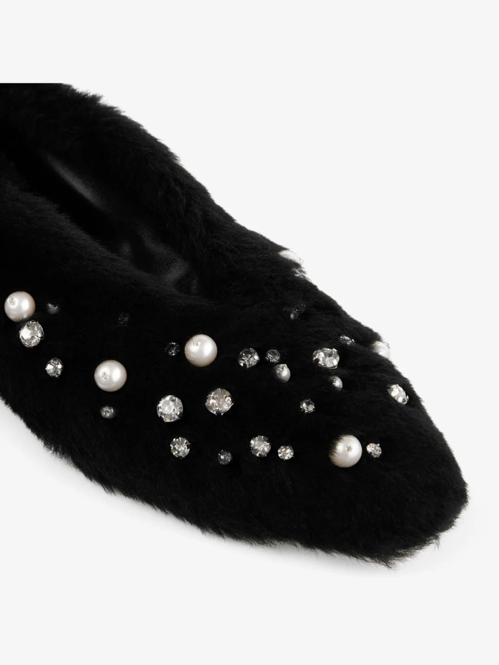 Back view of the Jimmy Choo Margot Flat Black Shearling Flats with Embroidered Pearls and Crystals