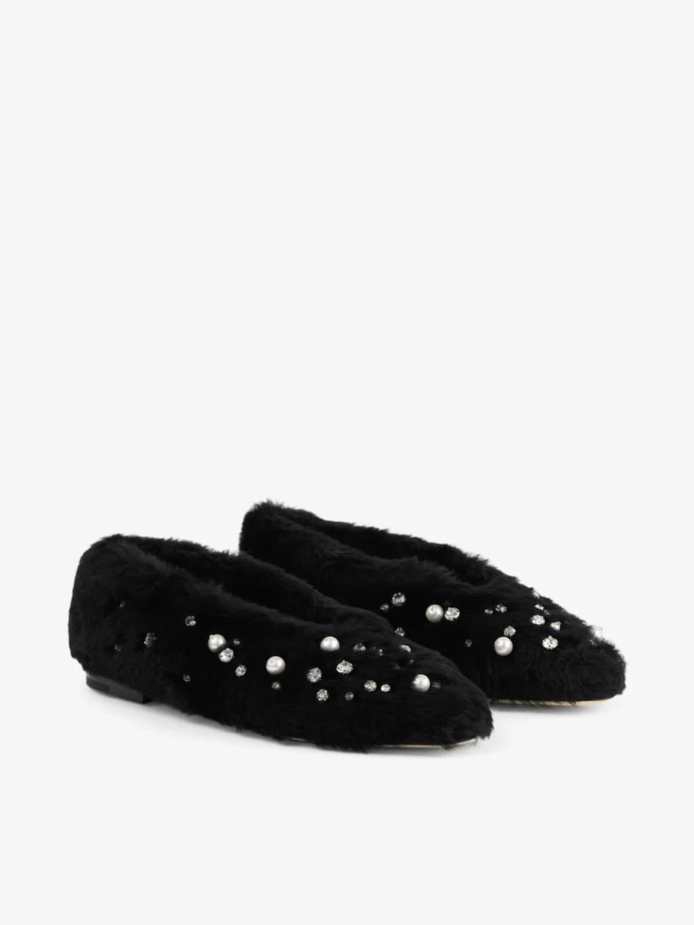 Close-up detail of the Jimmy Choo Margot Flat Black Shearling Flats with Embroidered Pearls and Crystals