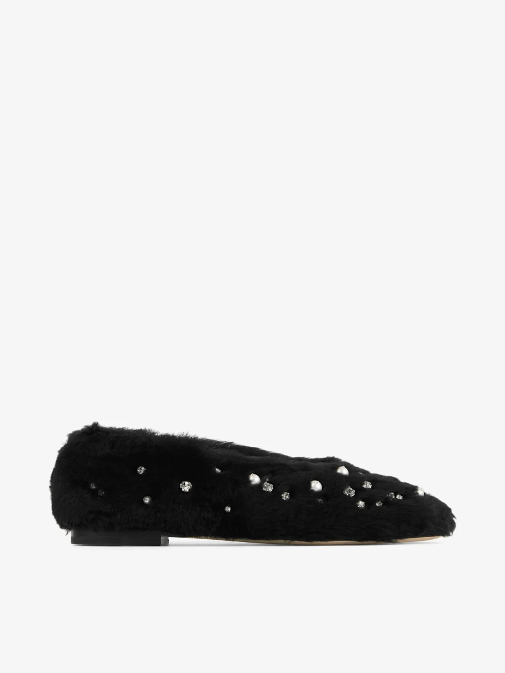 Jimmy Choo Margot Flat Black Shearling Flats with Embroidered Pearls and Crystals in black