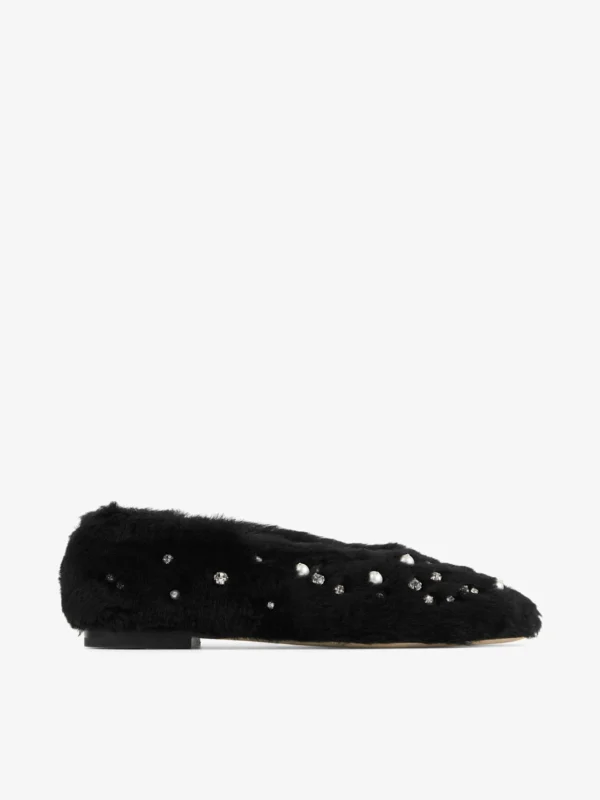 Jimmy Choo Margot Flat Black Shearling Flats with Embroidered Pearls and Crystals