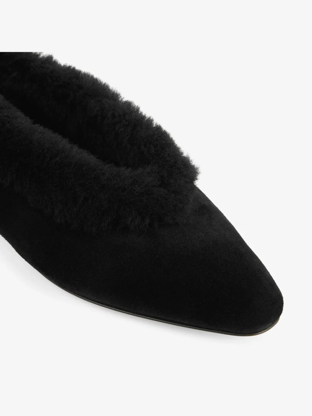 Back view of the Jimmy Choo Margot Flat Black Suede Flats with Shearling Lining