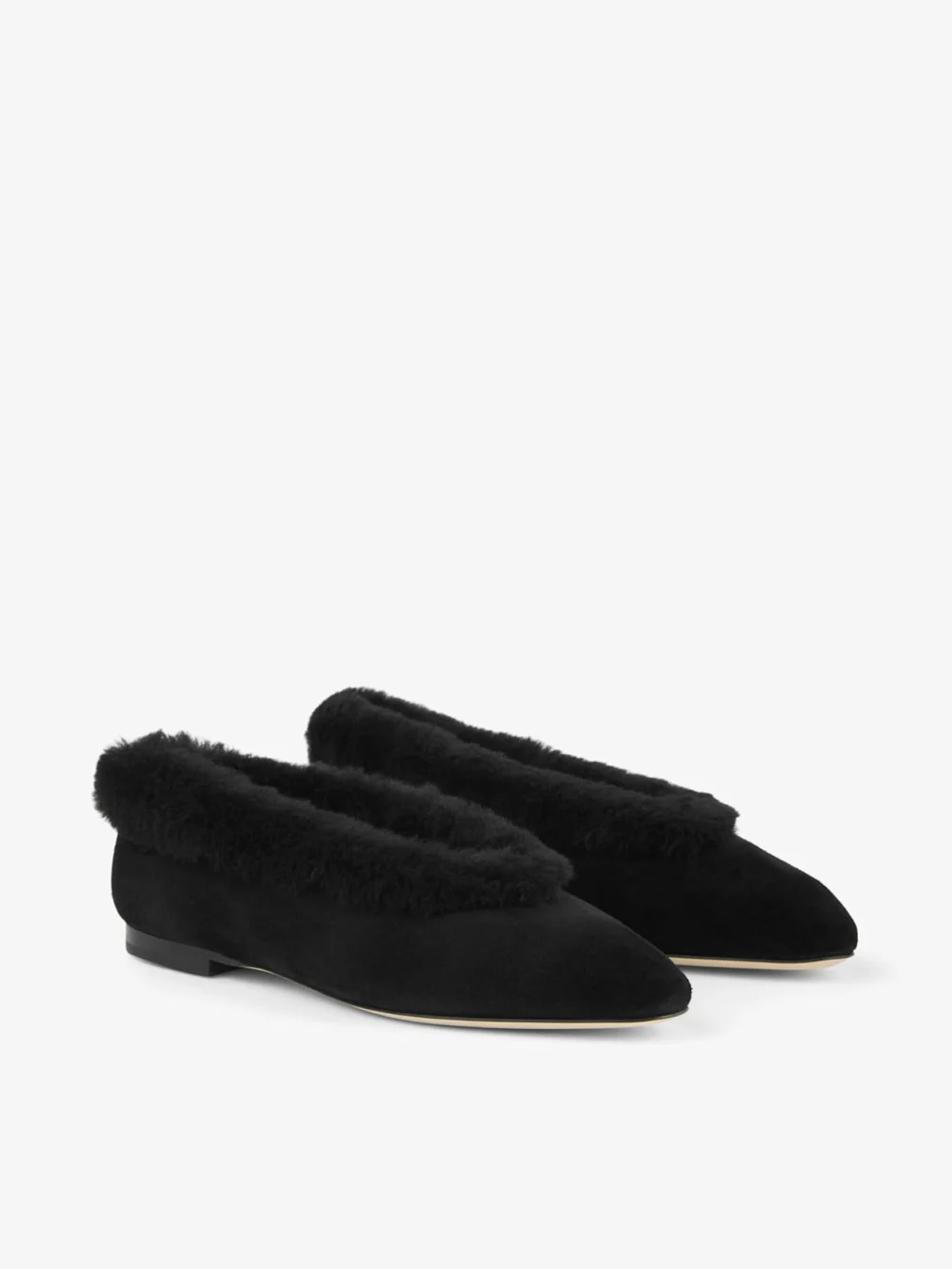 Close-up detail of the Jimmy Choo Margot Flat Black Suede Flats with Shearling Lining
