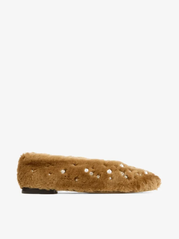 Jimmy Choo Margot Flat Teddy Shearling Flats with Embroidered Pearls and Crystals