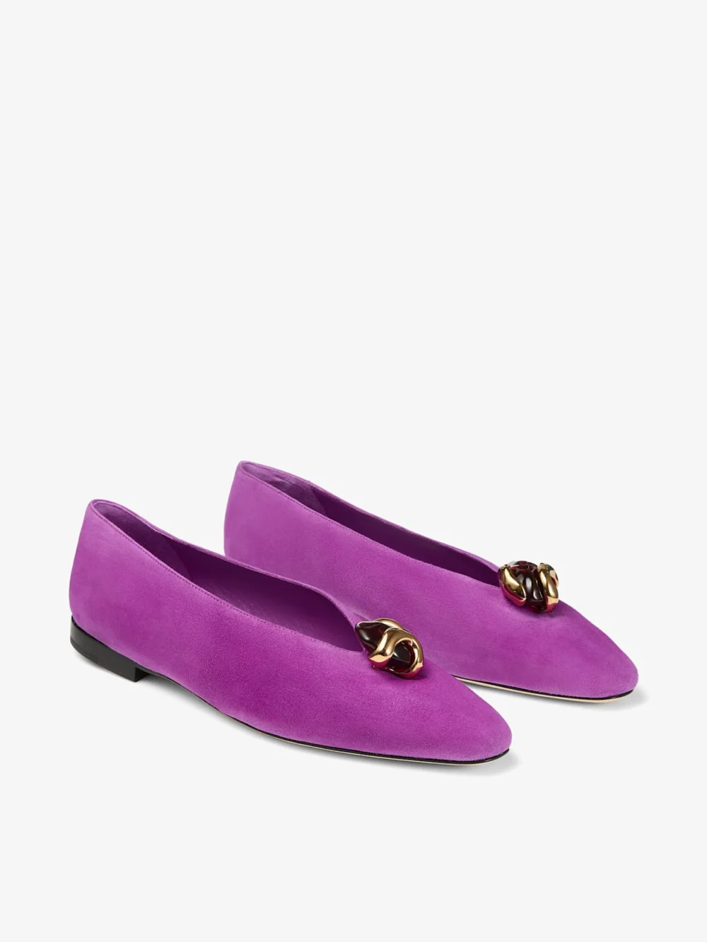 Close-up detail of the Jimmy Choo Margot Flat Violet Orchid Suede Flats