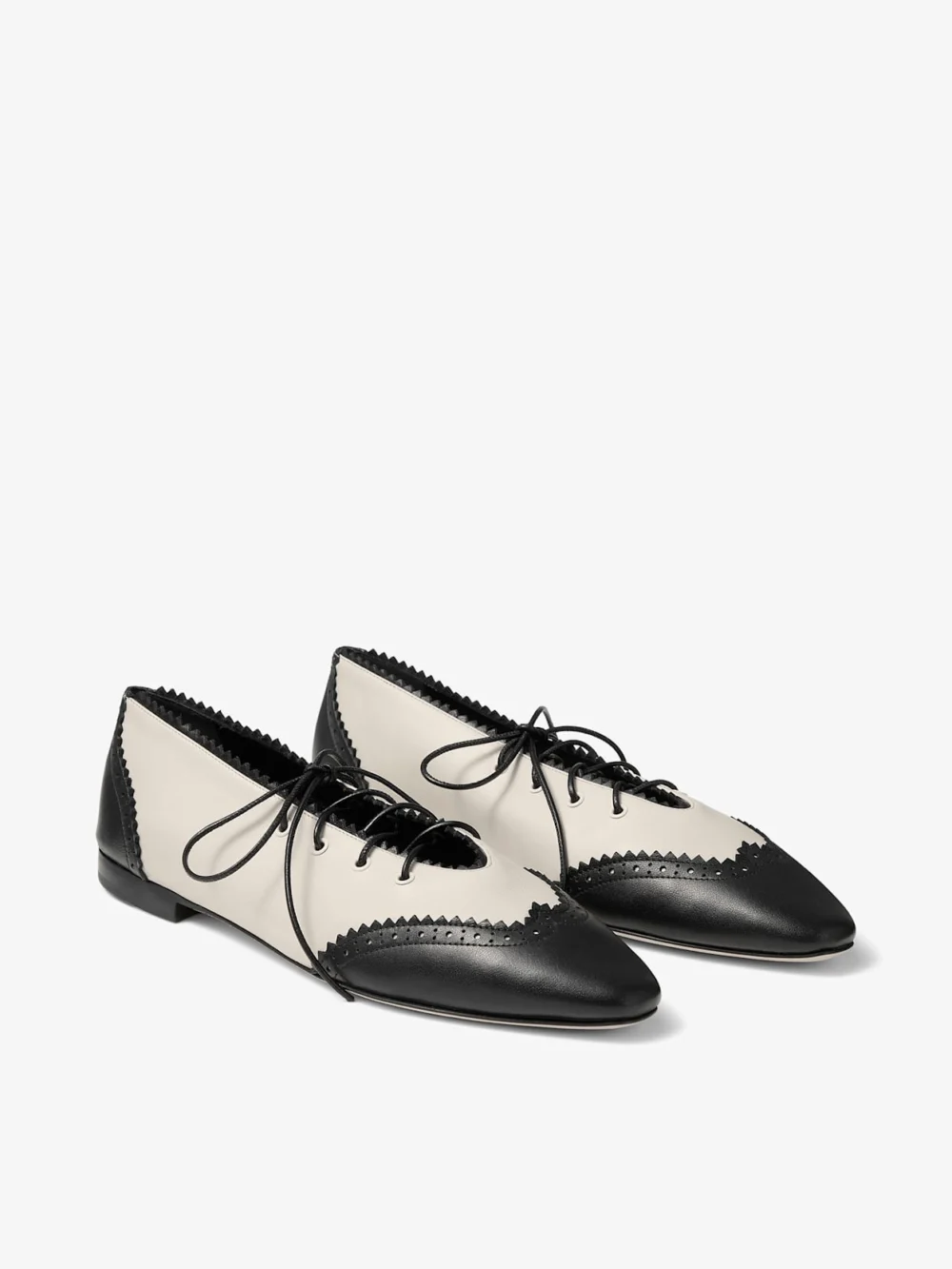Back view of the Jimmy Choo Margot Lace Up Flat Black and Bone Nappa Leather Lace Up Flats with Broguing