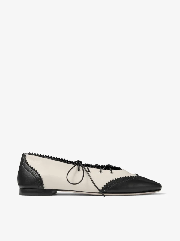 Jimmy Choo Margot Lace Up Flat Black and Bone Nappa Leather Lace Up Flats with Broguing