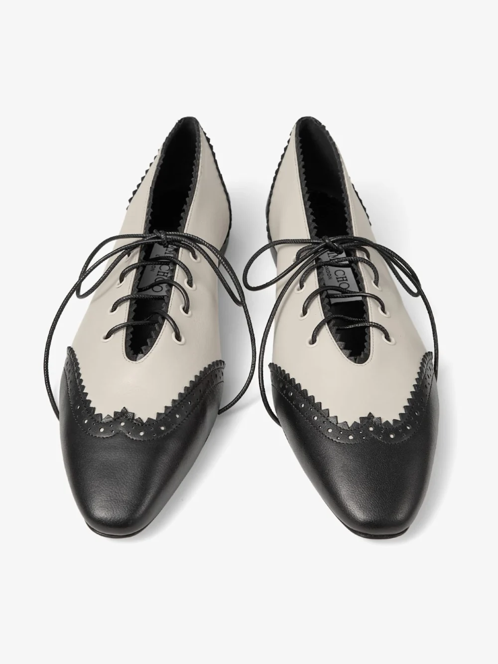 Jimmy Choo Margot Lace Up Flat Black and Bone Nappa Leather Lace Up Flats with Broguing, another view