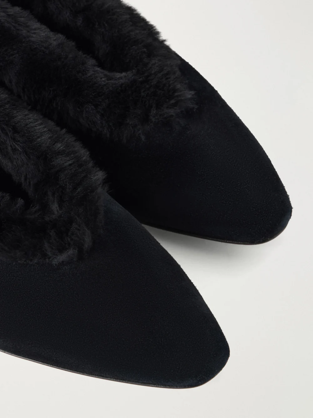 Close-up detail of the Jimmy Choo Margot Shearling-trimmed Suede Ballet Flats