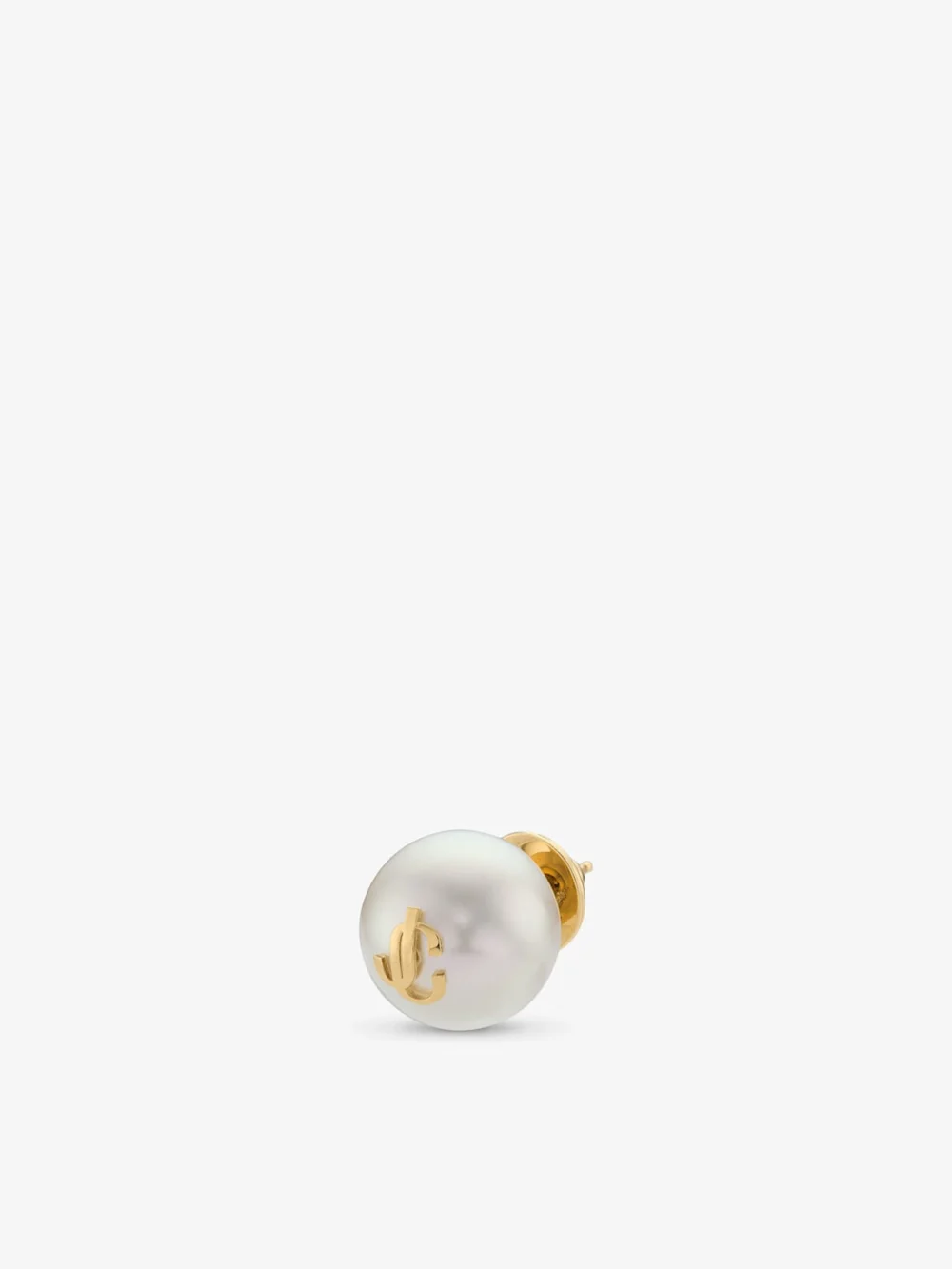 Close-up detail of the Jimmy Choo Maxi Pearl Studs Gold Finish Metal Jc Pearl Stud Earrings