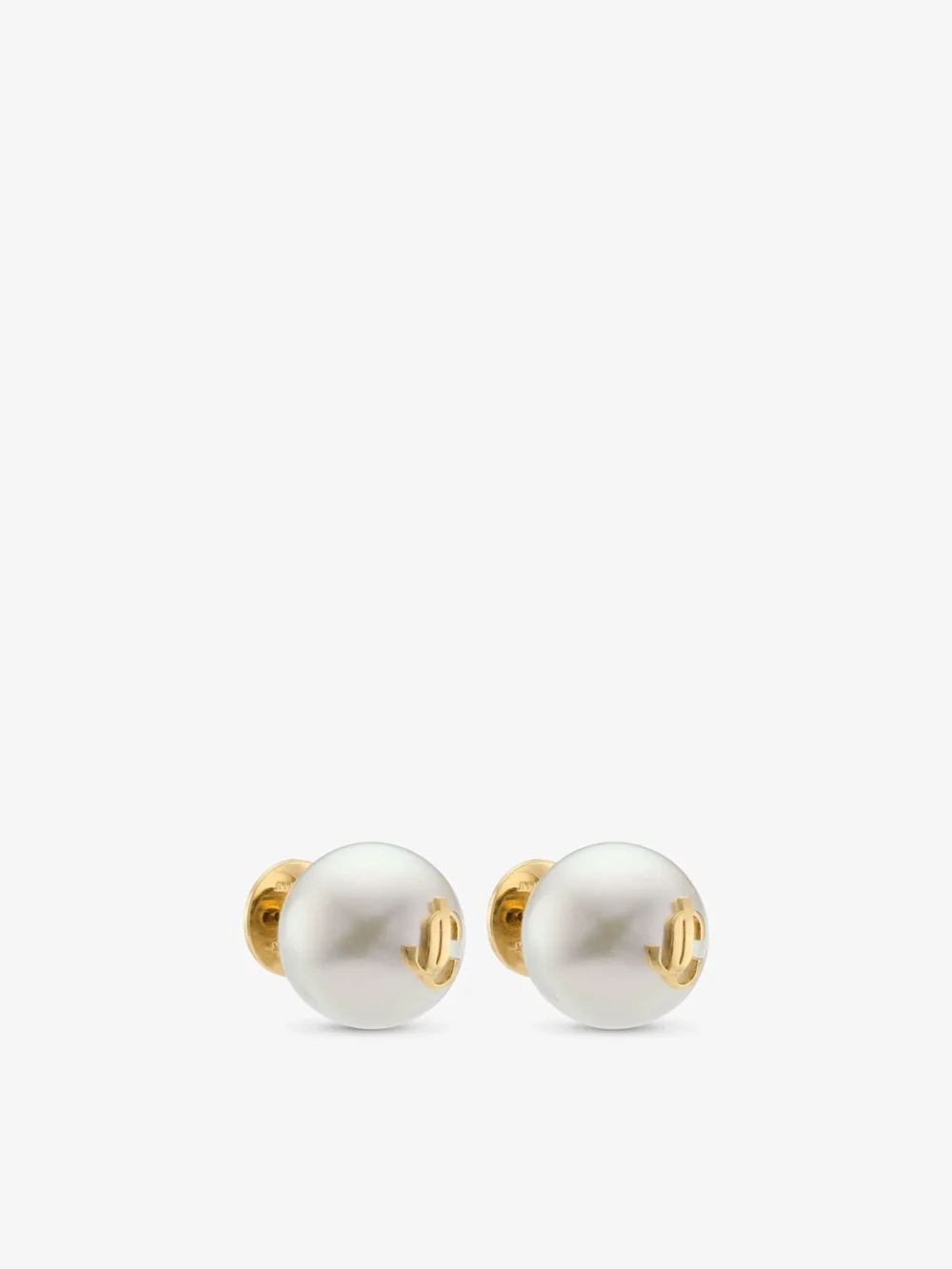Side view of the Jimmy Choo Maxi Pearl Studs Gold Finish Metal Jc Pearl Stud Earrings