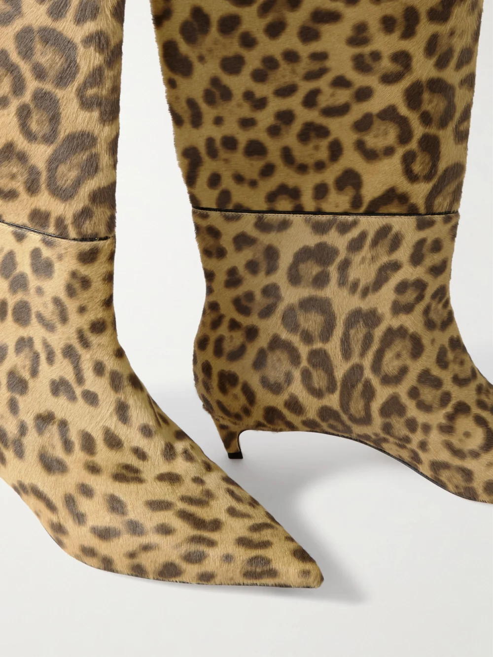 Close-up detail of the Jimmy Choo Maxima 35 Leopard-print Calf Hair Knee Boots