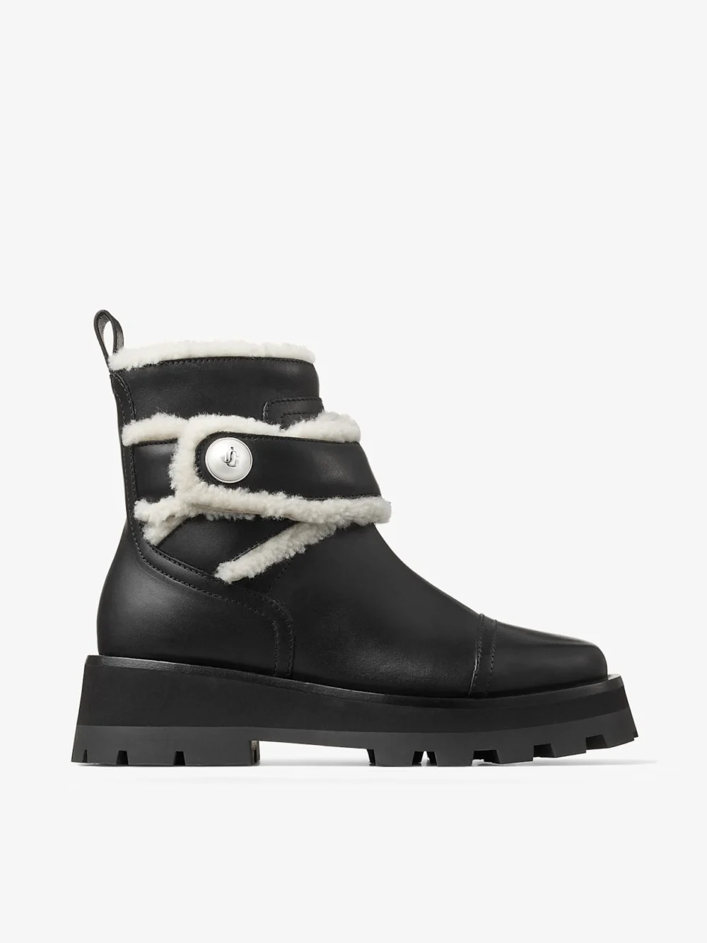 Jimmy Choo Meena Flat Black Shiny Calf Leather Ankle Boots with Shearling in black