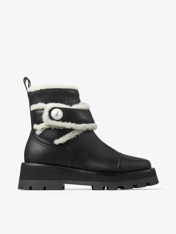 Jimmy Choo Meena Flat Black Shiny Calf Leather Ankle Boots with Shearling
