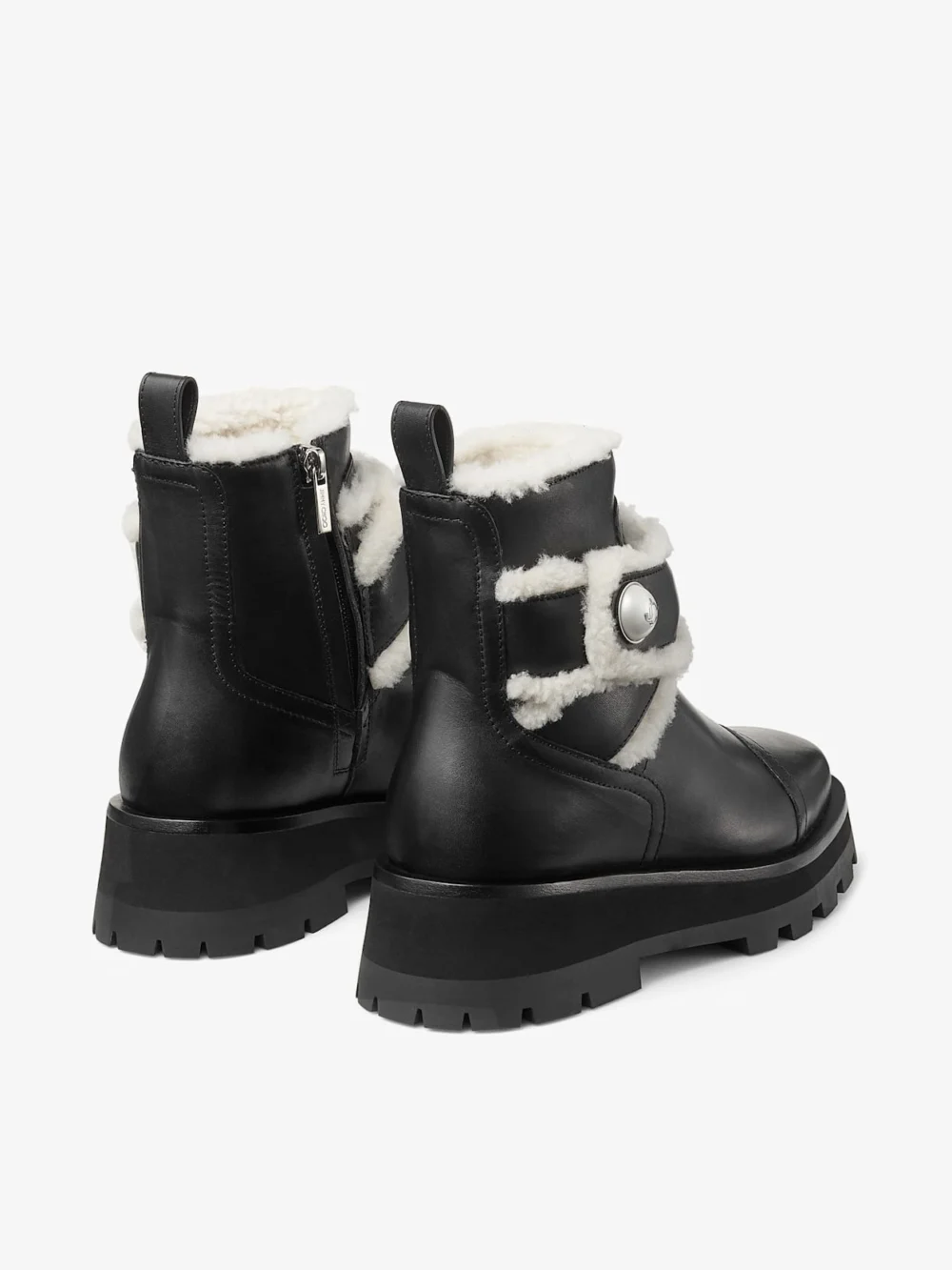 Jimmy Choo Meena Flat Black Shiny Calf Leather Ankle Boots with Shearling, another view