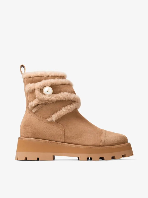 Jimmy Choo Meena Flat Toffee Velvet Suede Ankle Boots with Shearling