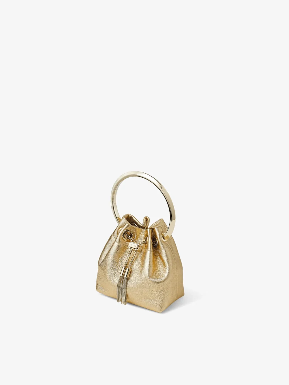 Side view of the Jimmy Choo Micro Bon Bon Gold Metallic Nappa Mini Bag