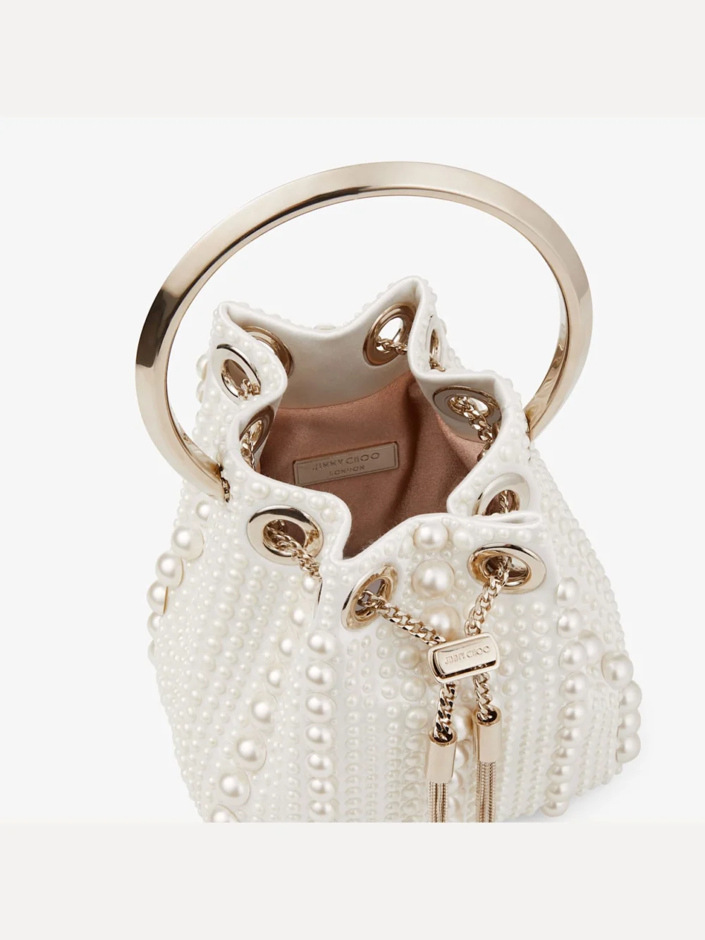 Back view of the Jimmy Choo Micro Bon Bon Ivory Satin Mini Bag with All Over Pearls