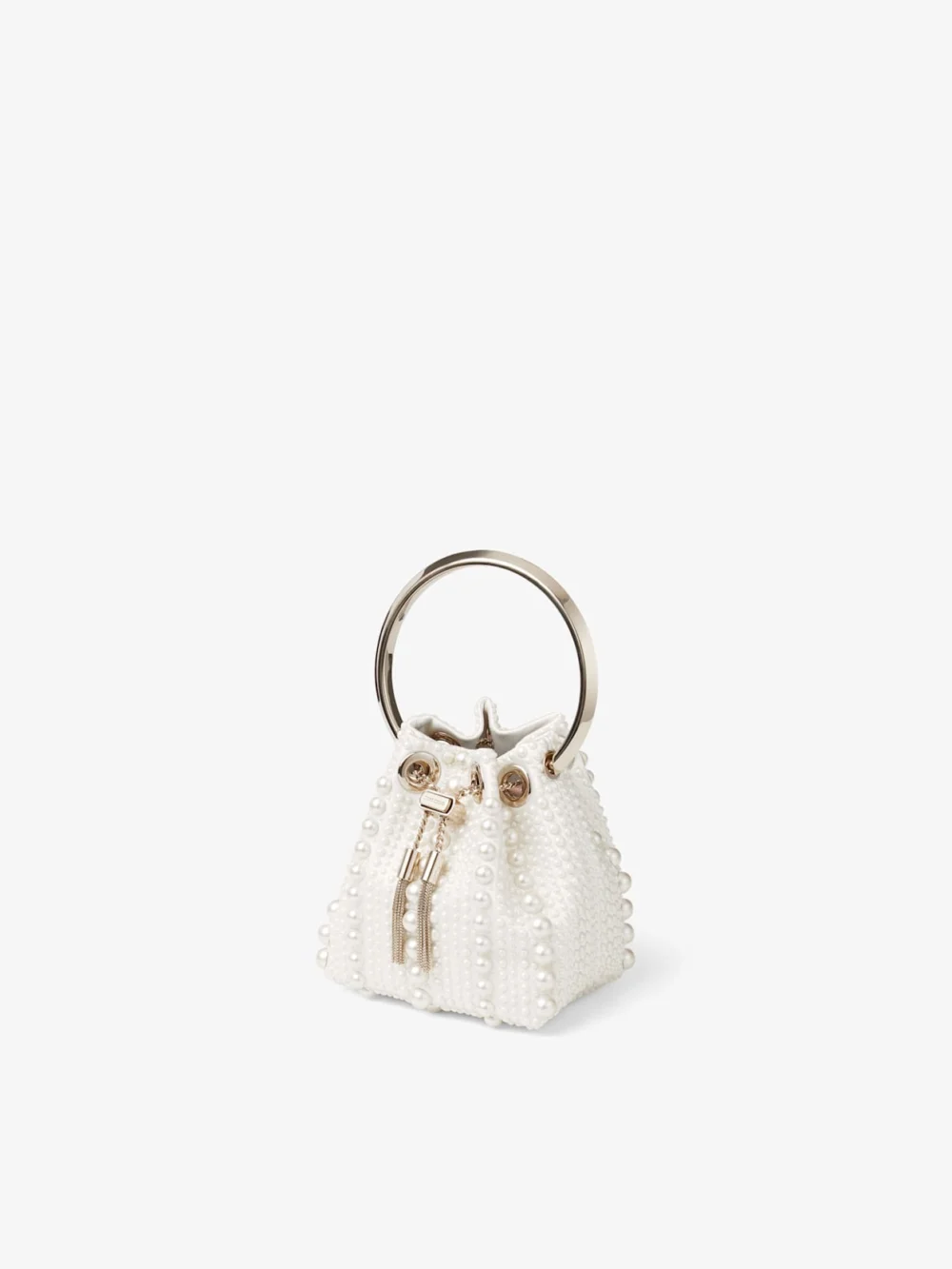 Side view of the Jimmy Choo Micro Bon Bon Ivory Satin Mini Bag with All Over Pearls