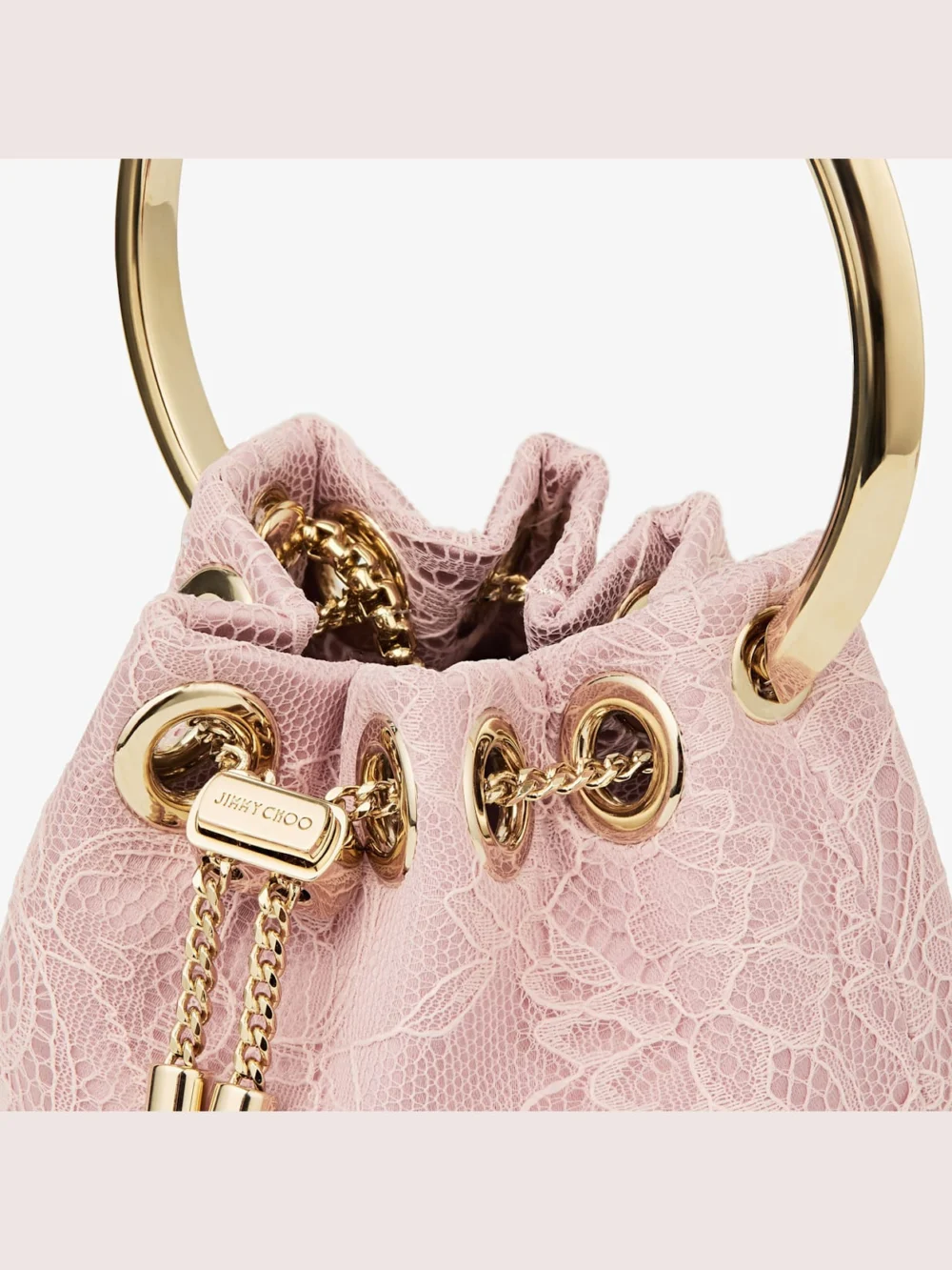Back view of the Jimmy Choo Micro Bon Bon Rose Satin and Jimmy Choo Lace Mini Bucket Bag