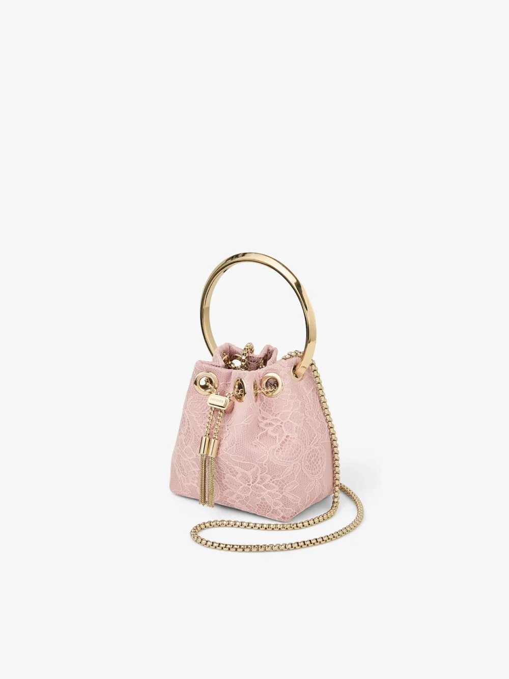 Close-up detail of the Jimmy Choo Micro Bon Bon Rose Satin and Jimmy Choo Lace Mini Bucket Bag