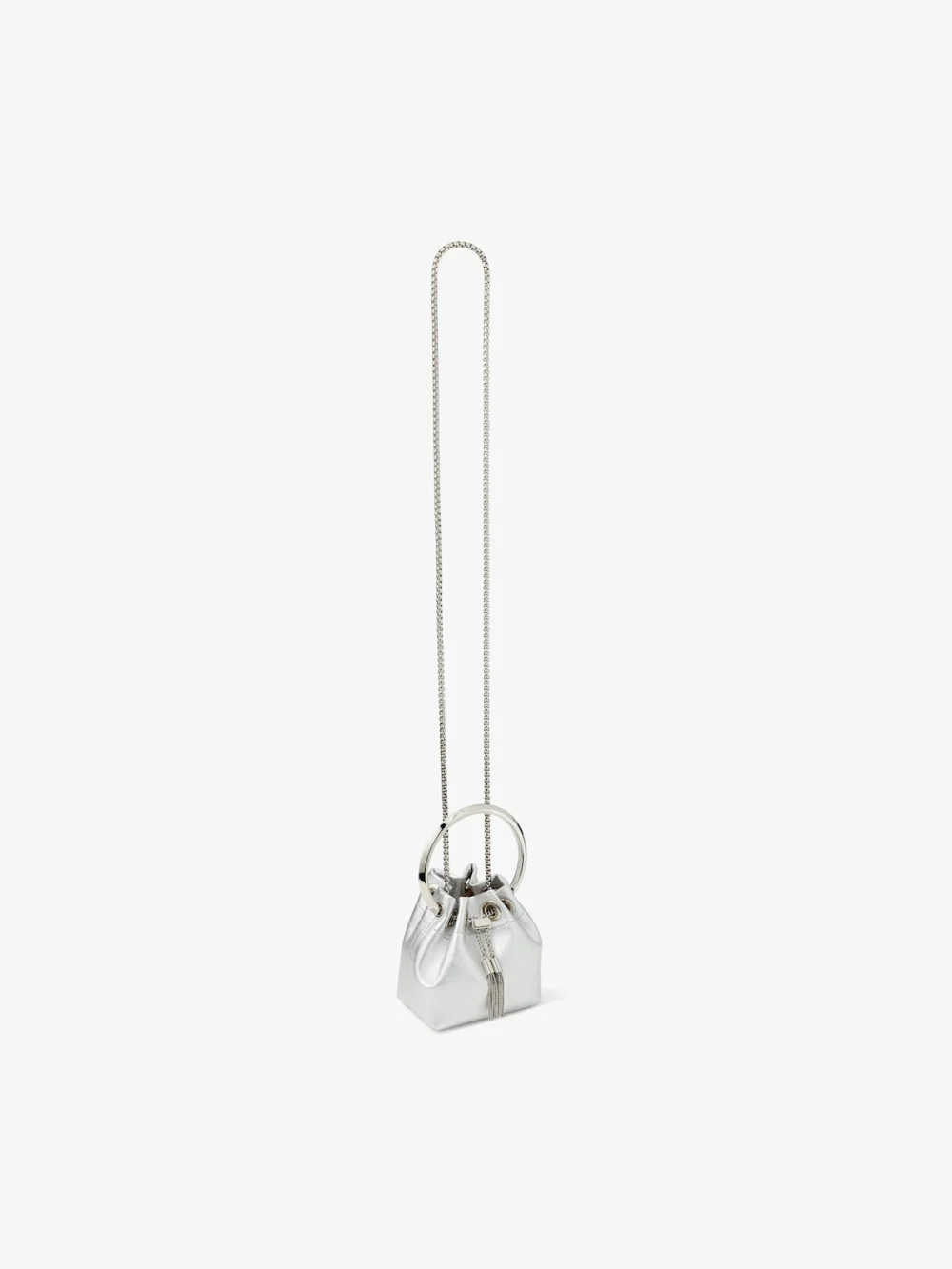 Back view of the Jimmy Choo Micro Bon Bon Silver Metallic Nappa Mini Bag