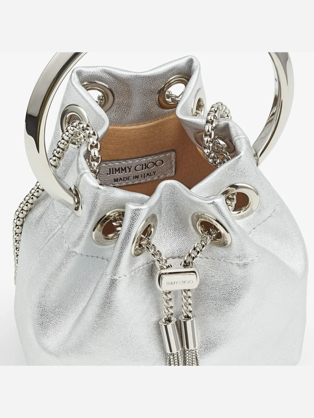 Close-up detail of the Jimmy Choo Micro Bon Bon Silver Metallic Nappa Mini Bag