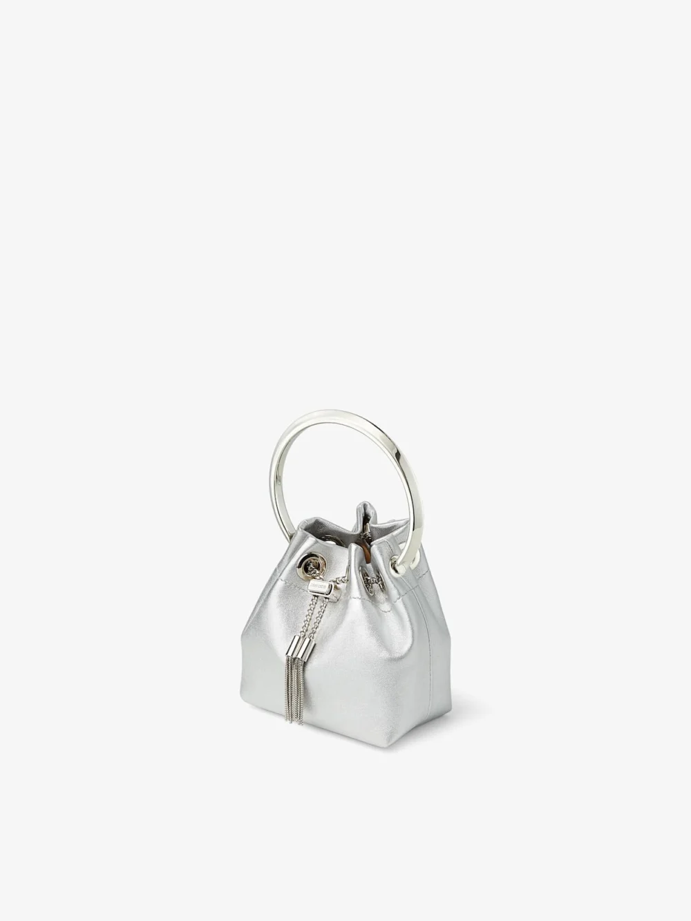 Side view of the Jimmy Choo Micro Bon Bon Silver Metallic Nappa Mini Bag