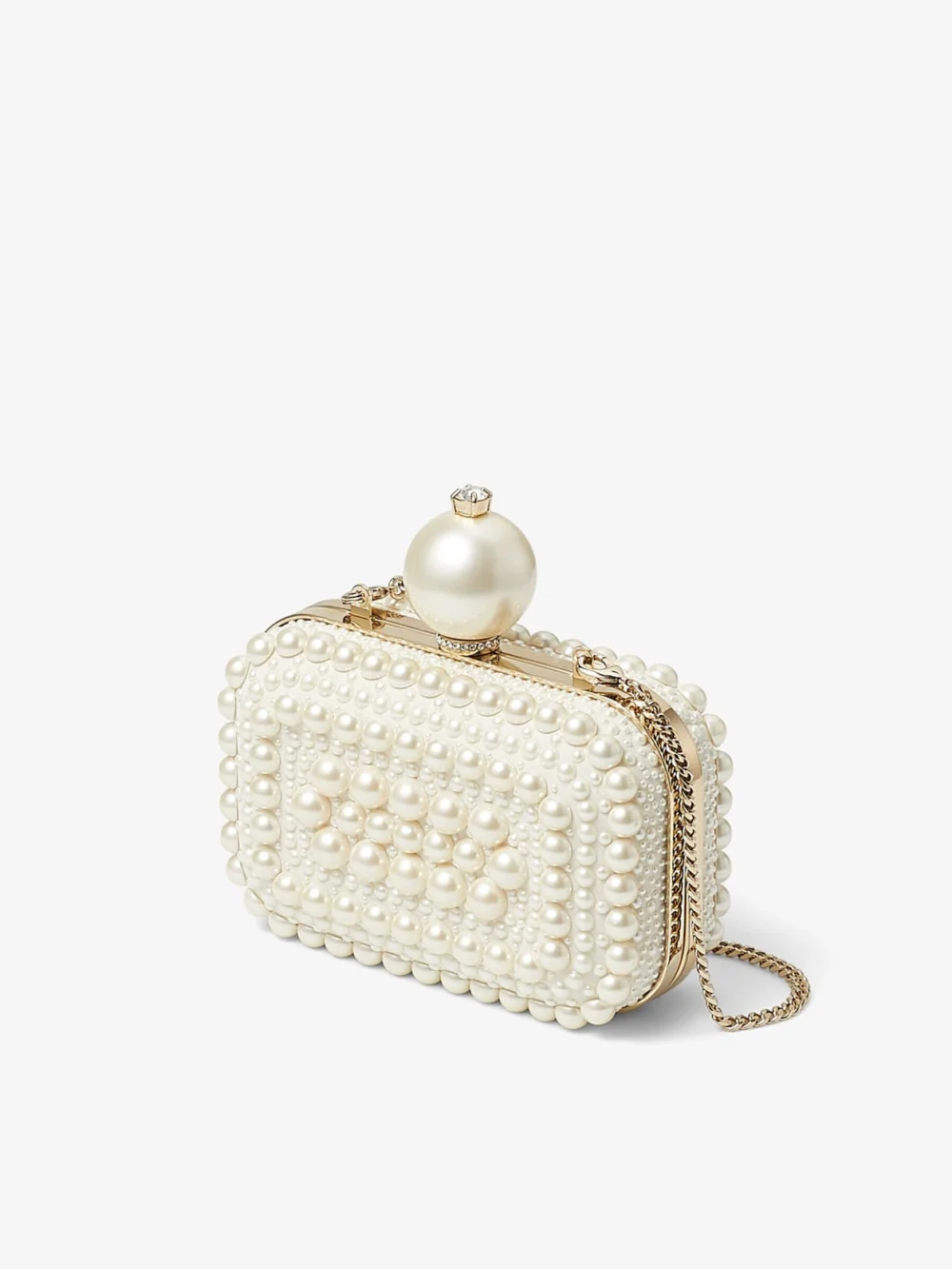 Close-up detail of the Jimmy Choo Micro Cloud White Suede Clutch Bag with All Over Pearl Embellishment