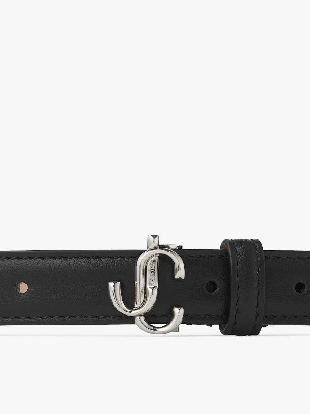 Close-up detail of the Jimmy Choo Mini Helina Black Smooth Leather Mini Belt