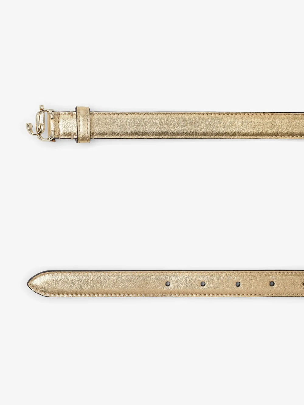 Close-up detail of the Jimmy Choo Mini Helina Gold Metallic Nappa Leather Mini Belt