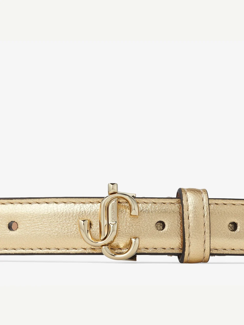 Side view of the Jimmy Choo Mini Helina Gold Metallic Nappa Leather Mini Belt