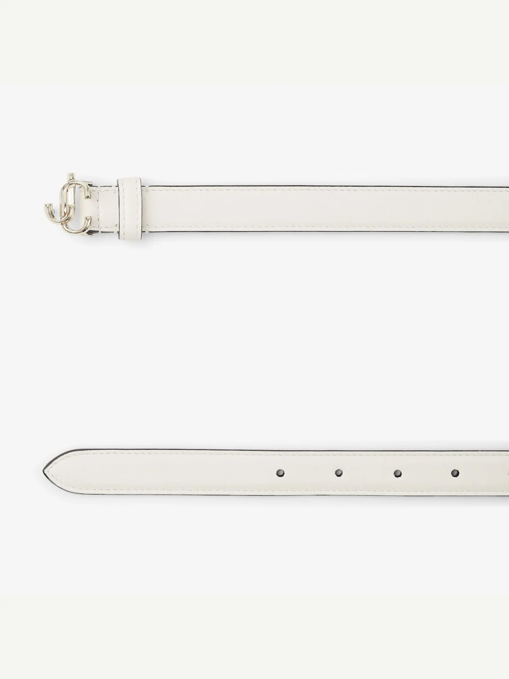 Close-up detail of the Jimmy Choo Mini Helina Latte Smooth Leather Mini Belt