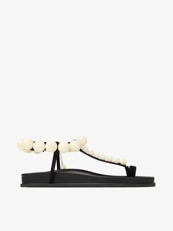 Jimmy Choo Miro Flat Black Suede Sandals with Mother of Pearl Spheres