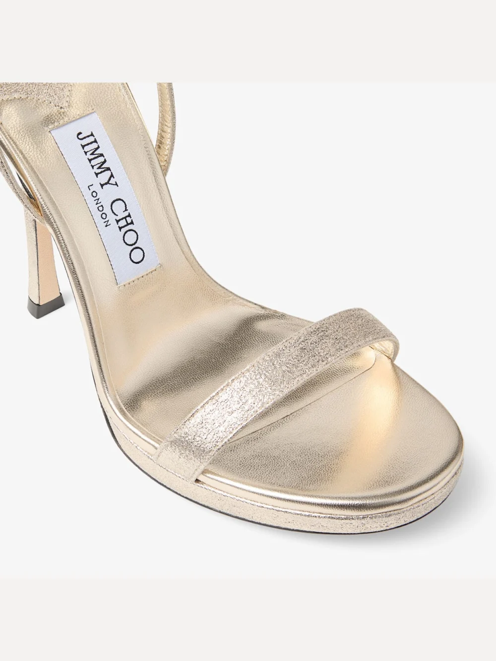 Back view of the Jimmy Choo Moza Platform 120 Platinum Brilliance Fabric Sandals