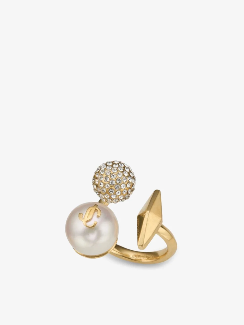 Close-up detail of the Jimmy Choo Multi Charm Ring Gold Finish Pearl Ring