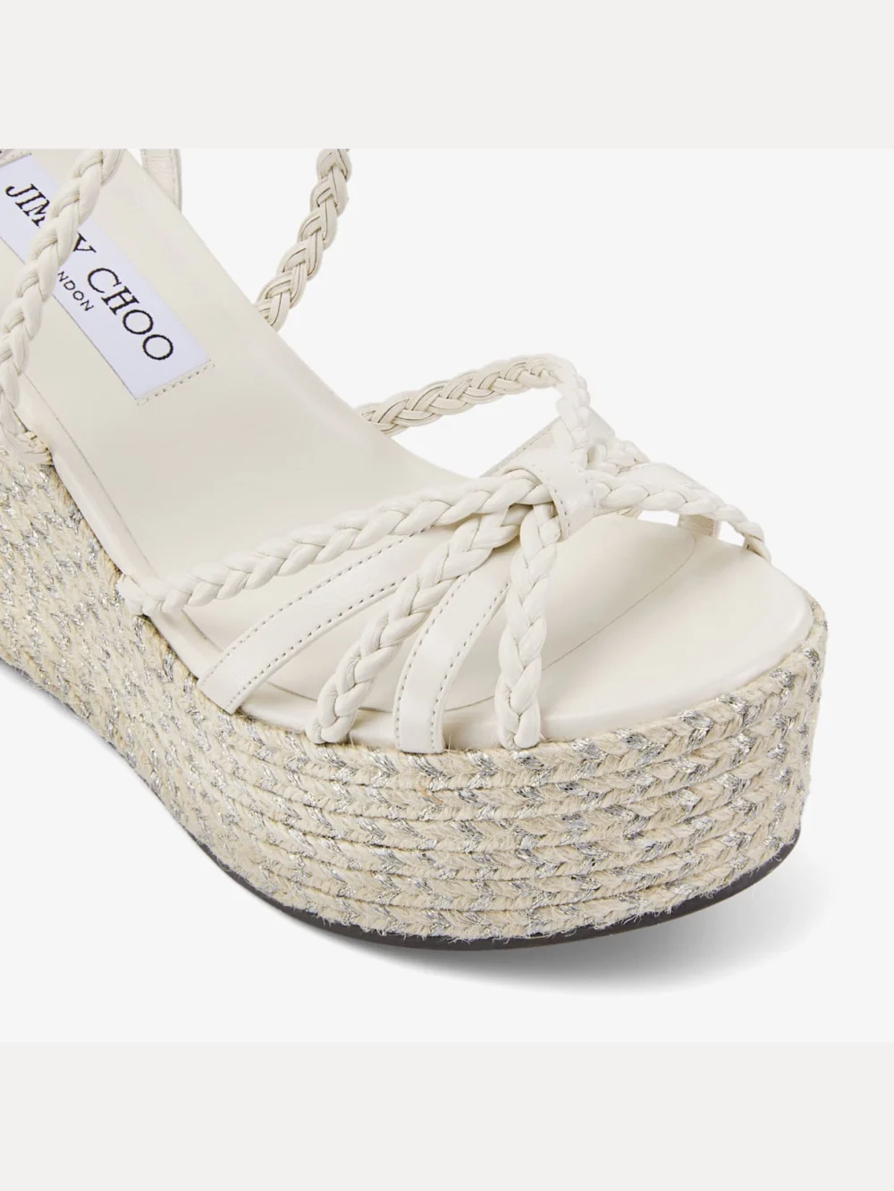 Back view of the Jimmy Choo Nyra 100 Latte Nappa Leather Sandal Wedges