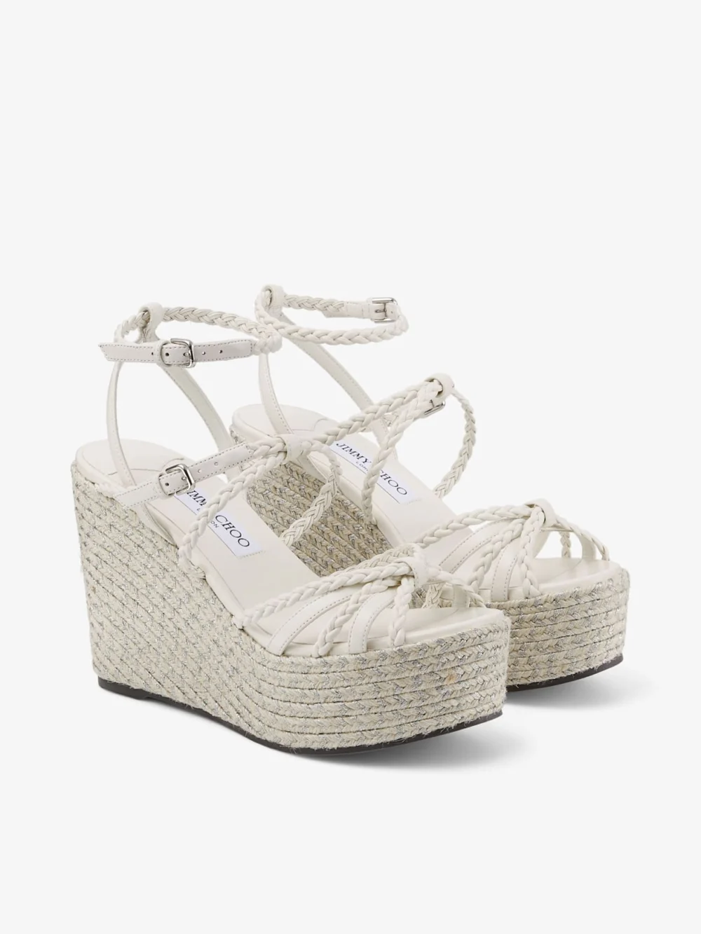 Close-up detail of the Jimmy Choo Nyra 100 Latte Nappa Leather Sandal Wedges