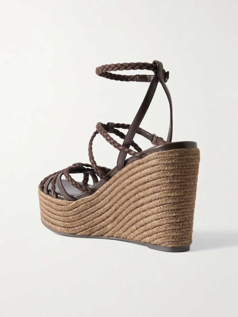 Back view of the Jimmy Choo Nyra 110 Braided Suede and Leather Espadrille Wedge Sandals