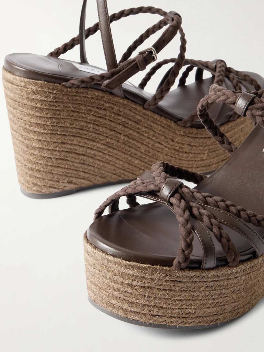 Close-up detail of the Jimmy Choo Nyra 110 Braided Suede and Leather Espadrille Wedge Sandals