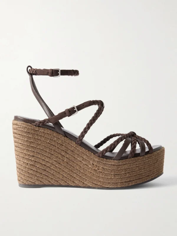 Jimmy Choo Nyra 110 Braided Suede and Leather Espadrille Wedge Sandals