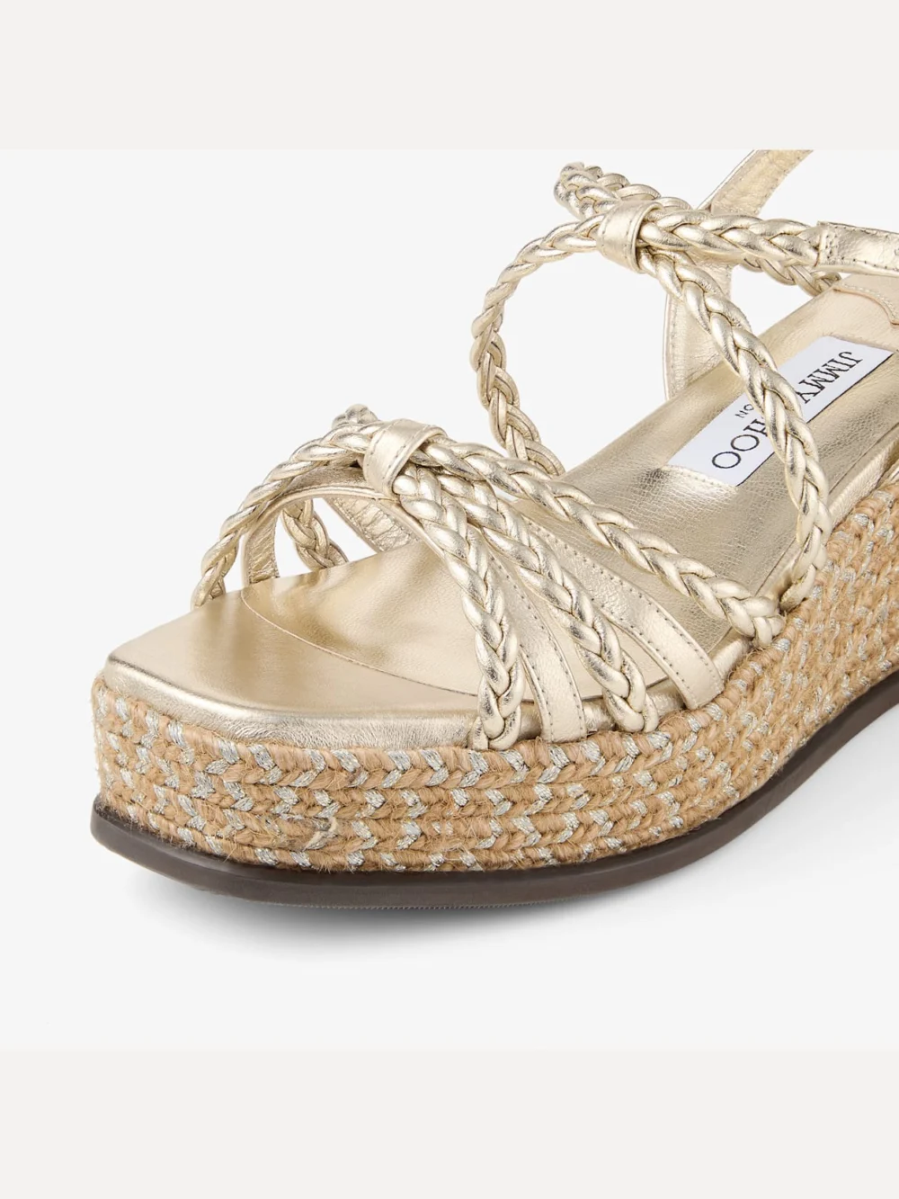 Back view of the Jimmy Choo Nyra 60 Soft Gold Mix Metallic Nappa Leather Sandal Wedges