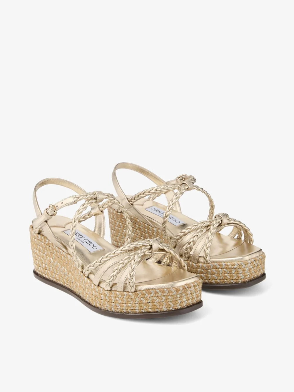 Close-up detail of the Jimmy Choo Nyra 60 Soft Gold Mix Metallic Nappa Leather Sandal Wedges