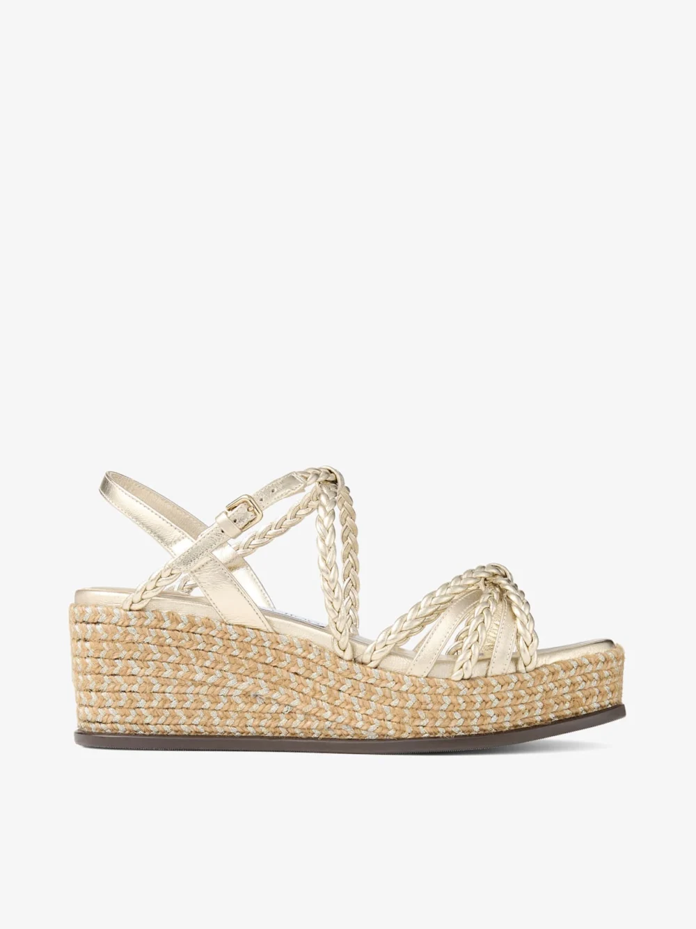 Jimmy Choo Nyra 60 Soft Gold Mix Metallic Nappa Leather Sandal Wedges in soft gold mix