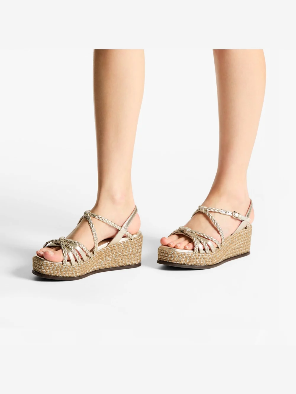 Side view of the Jimmy Choo Nyra 60 Soft Gold Mix Metallic Nappa Leather Sandal Wedges