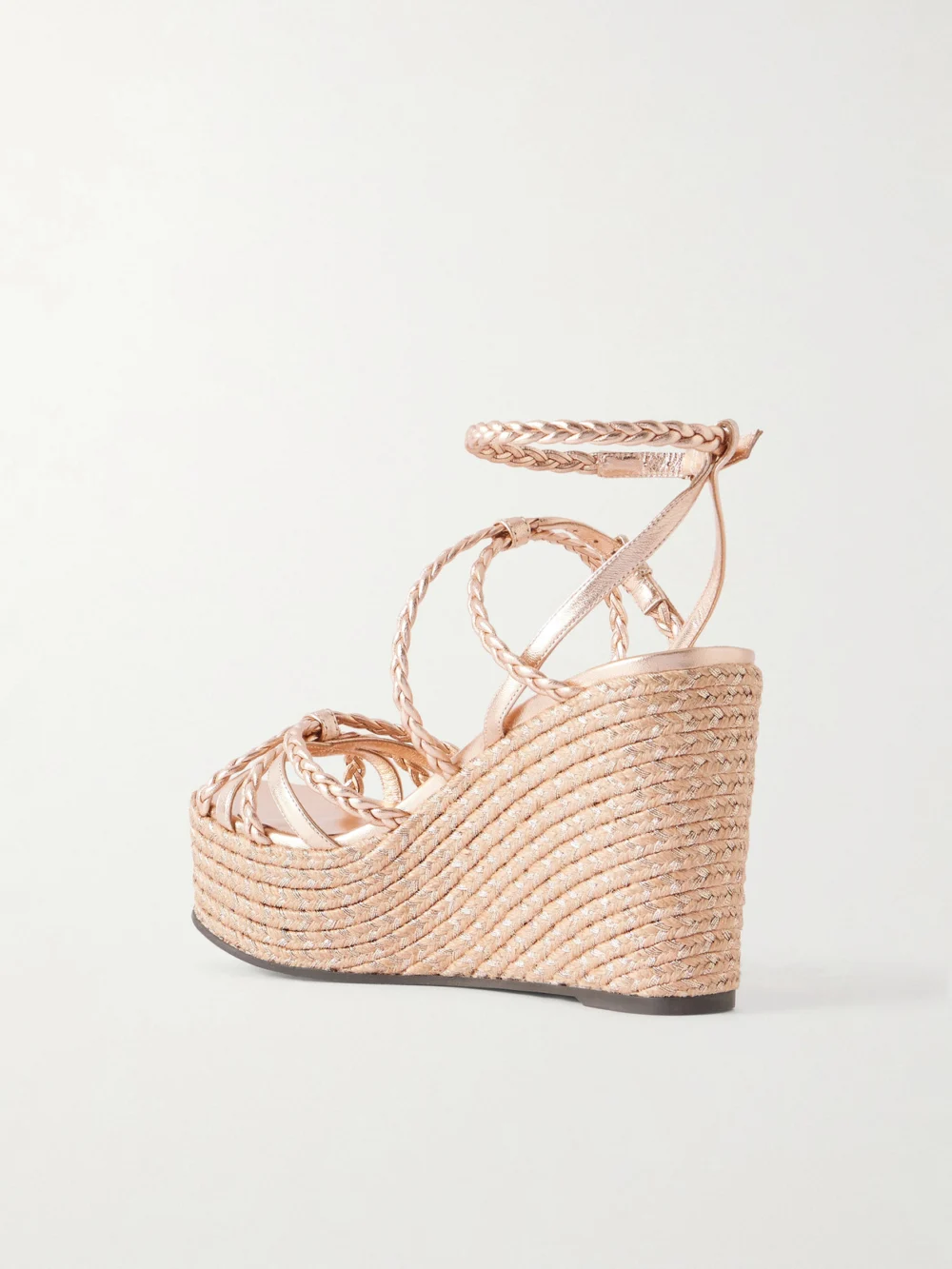 Back view of the Jimmy Choo Nyra Metallic Leather Wedge Sandals