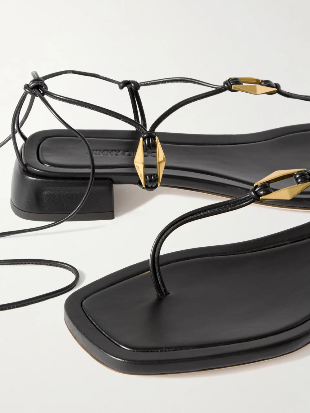 Close-up detail of the Jimmy Choo Onyxia Embellished Leather Sandals