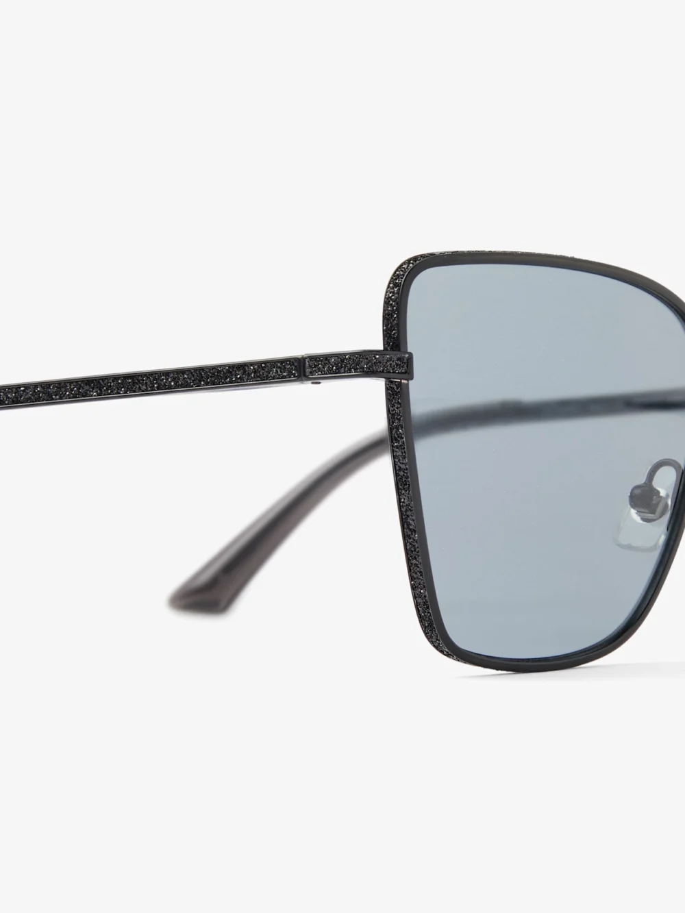 Close-up detail of the Jimmy Choo Orli Matte Black Square Sunglasses